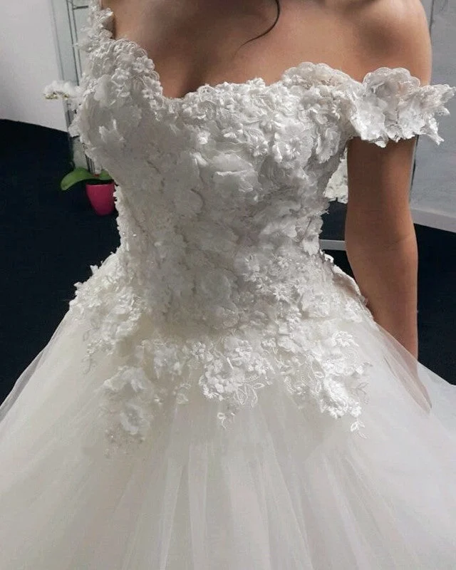 Drop - waist 1920s - style wedding dressLace Flowers Off Shoulder Tulle Ball Gown Wedding Dresses