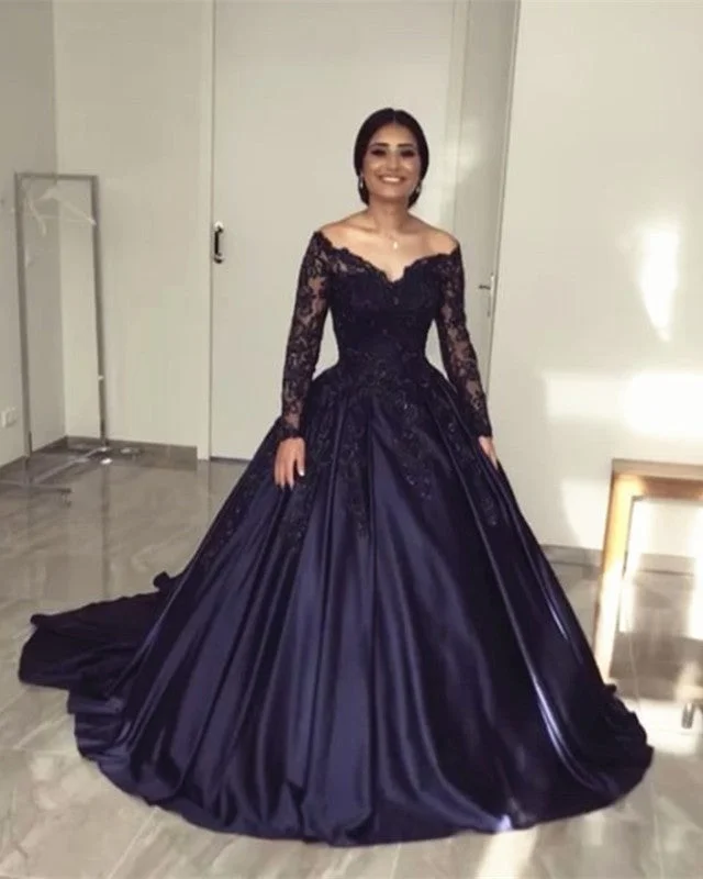 Button - down front wedding dress for a classic touchLace Long Sleeves Off Shoulder Satin Wedding Dresses Ball Gowns Button - down front wedding dress for a classic touchLace Long Sleeves Off Shoulder Satin Wedding Dresses Ball Gowns