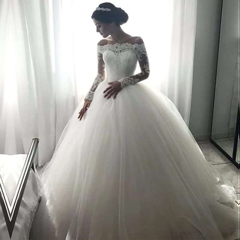 Multicultural - inspired wedding dressLace Long Sleeves Tulle Ball Gowns Wedding Dresses Off The Shoulder