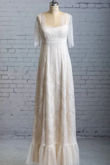 Halter - neck wedding dress for a modern lookLace Long Square-Neck Half-Illusion-Sleeved Dress With Bow