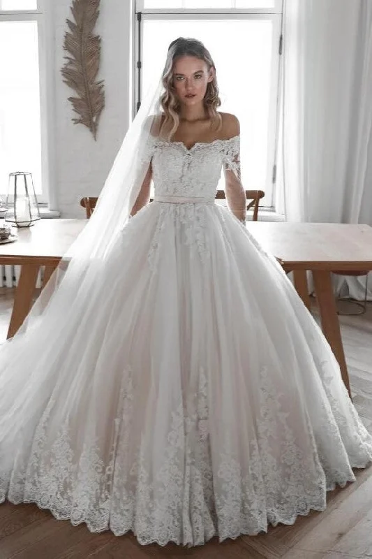 Empire - waisted tea - length wedding dressLace Tulle Bridal Gown with Off-the-shoulder Sleeves