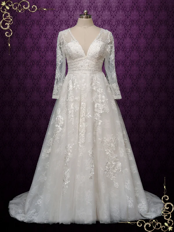 Glamorous mermaid - style wedding dressLace Wedding Dress with Deep V Neckline EVELINA