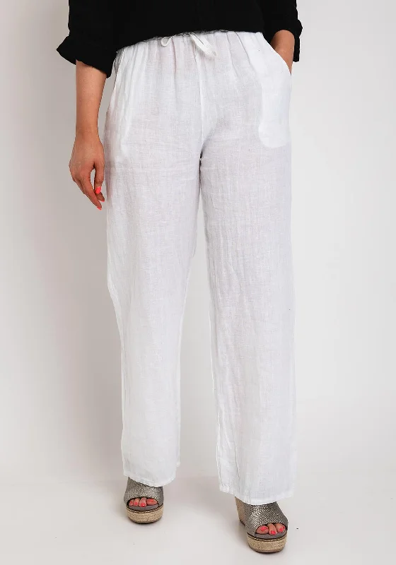 Embroidered wide leg linen pants for women in a natural and elegant styleSerafina Collection One Size Linen Wide Trouser, White