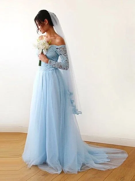 Formal satin wedding dress with a long trainLight Blue prom dress, Off Shoulder Wedding dress   cg8622