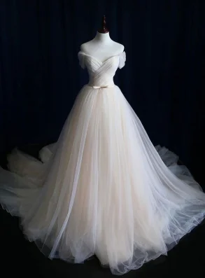 Mother - of - the - bride elegant wedding dressLIGHT CHAMPAGNE TULLE LONG PROM DRESS, WEDDING DRESS cg2027