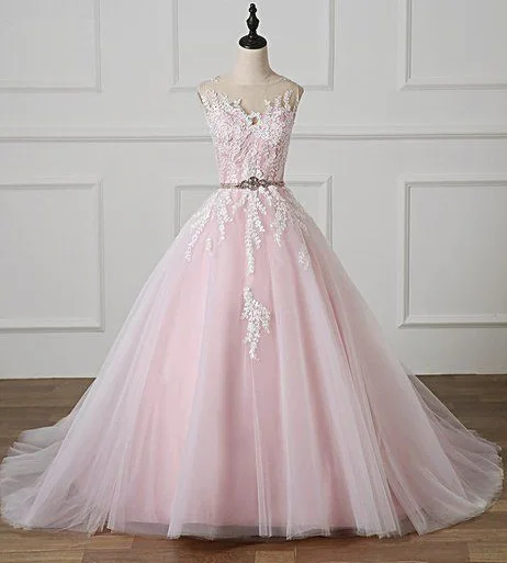 Sweetheart - neckline ball gown wedding dressLight Pink Scoop Neck Lace Applique Formal Prom Dress, Beaded Wedding Dress  cg5574