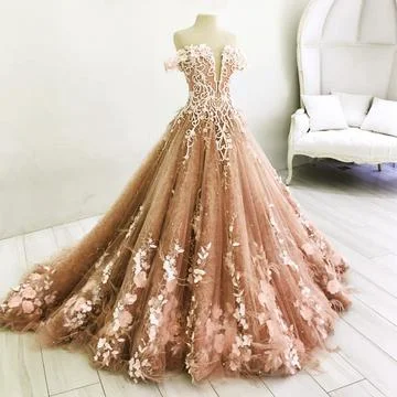 Padded - bust wedding dress for added supportLong Champagne Prom Dress Lace Embroidery Off Shoulder Tulle Ball Gown Wedding Dresses   cg21354