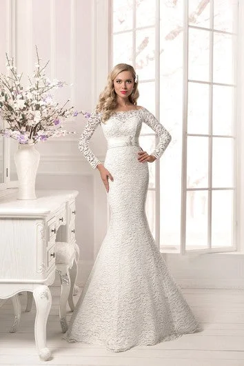 Outdoor - wedding - perfect lightweight wedding dressLong Sleeve Crystal Detailing Sheath Lace Floor Length Dress