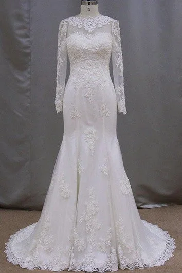 Smart - casual wedding dress for a laid - back ceremonyLong Sleeve Mermaid High Neck Lace Dress With Lace-Up Back