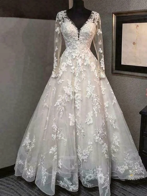 Drop - waist 1920s - style wedding dressLong Sleeve V Neck A Line Wedding Dresses Backless Lace Appliques Bridal Gowns prom dress   cg21878