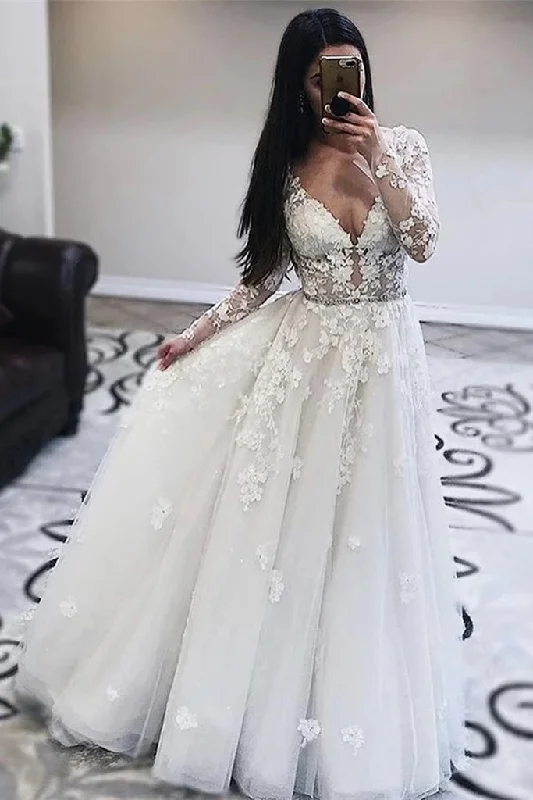 Church - suitable long - sleeved wedding dressLong Sleeves V Neck White Lace Prom Wedding Dress, Long Sleeves White Lace Formal Dress, White Lace Evening Dress cg11539 Church - suitable long - sleeved wedding dressLong Sleeves V Neck White Lace Prom Wedding Dress, Long Sleeves White Lace Formal Dress, White Lace Evening Dress cg11539