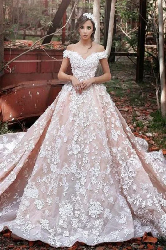 Polka - dot wedding dress for a fun touchLuxurious Organza Off Shoulder Short Sleeves Wedding Dress with Lace,Cheap prom Gowns cg1847