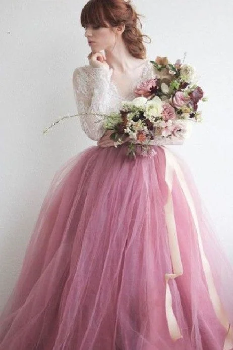 Chiffon - draped empire waist wedding dressMauve Colored Tulle Wedding Dress with Long Lace Sleeves Chiffon - draped empire waist wedding dressMauve Colored Tulle Wedding Dress with Long Lace Sleeves