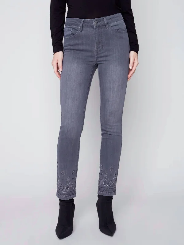 Thermal fleece - lined pants for women in winter warmthMedium Grey Straight Cut Embellished Denim Pant Thermal fleece - lined pants for women in winter warmthMedium Grey Straight Cut Embellished Denim Pant