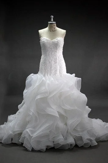 Formal satin wedding dress with a long trainMermaid Lace and Organza Dress With Cascading Ruffles