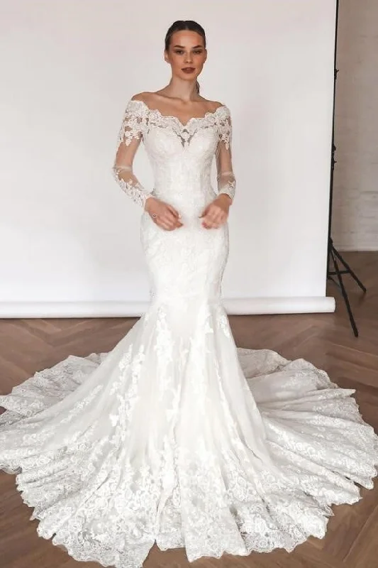 Plunging - neckline wedding dress for a bold lookMermaid Lace Wedding Dresses with Removable Train