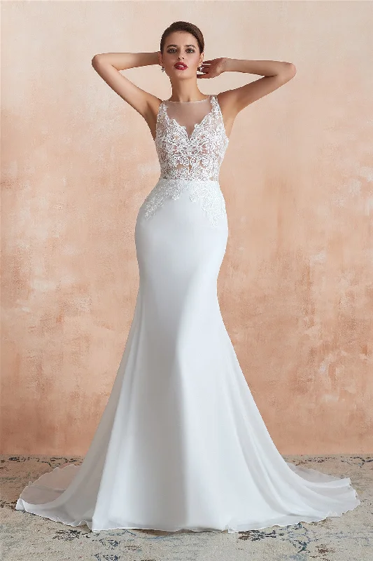 Jeweled - bodice wedding dress for a sparkly lookSexy Long Mermaid See-Through White Wedding Dress with Lace Top