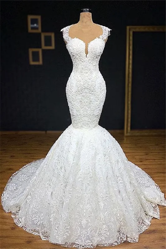 Strapless ball gown wedding dressMermaid Wedding Dresses With Appliques Tulle Ruffles Lace Bridal Gowns prom dress     cg22067