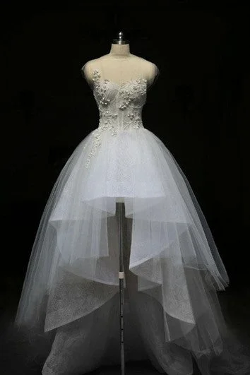 Lace - over - satin wedding dress for a classic combinationMini High Neck Sleeveless Bell Beading Zipper Keyhole Tulle Lace Dress