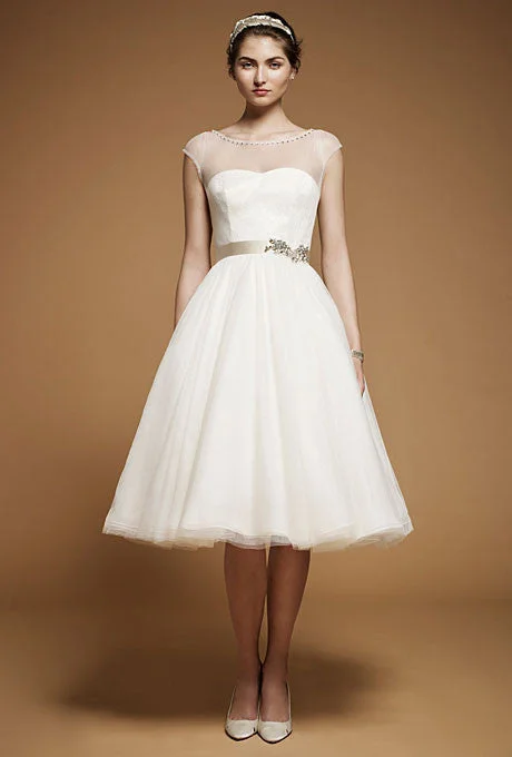 Quirky - designed wedding dress for an individual brideModern Knee Length Wedding Dress with Illusion Neckline Quirky - designed wedding dress for an individual brideModern Knee Length Wedding Dress with Illusion Neckline