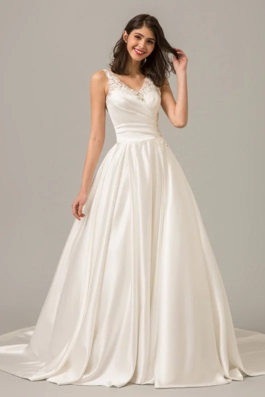 Floral - appliqued wedding dress for a feminine lookModern Satin Ball Gown Wedding Dress with Illusion Beaded Back Floral - appliqued wedding dress for a feminine lookModern Satin Ball Gown Wedding Dress with Illusion Beaded Back
