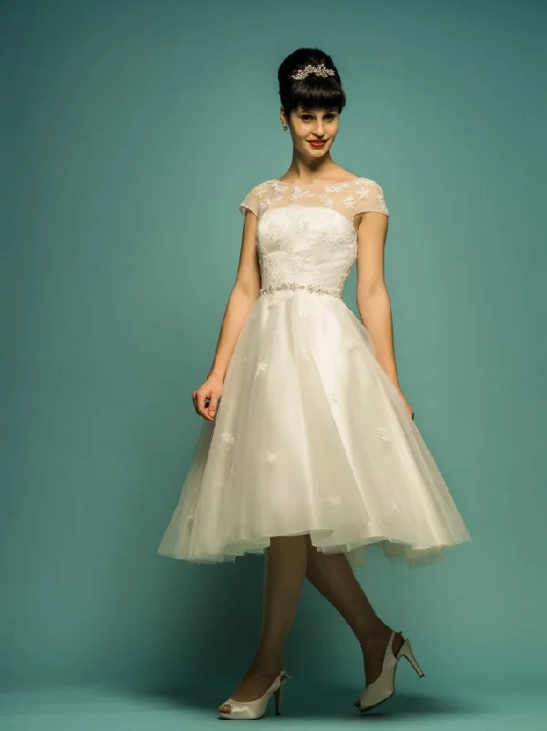 Sparkly sequined wedding dress for a glamorous brideModest Knee Length Lace Wedding Dress with Short Sleeves