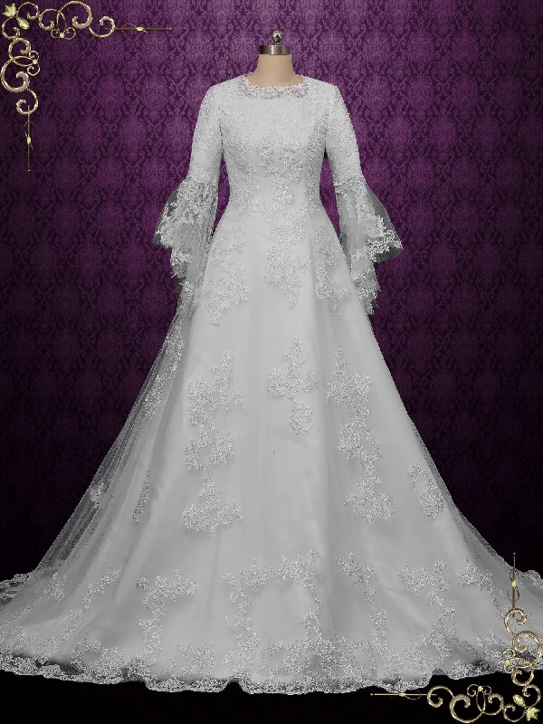 Quirky - designed wedding dress for an individual brideModest Lace A-line Wedding Gown with Sleeves DOREEN