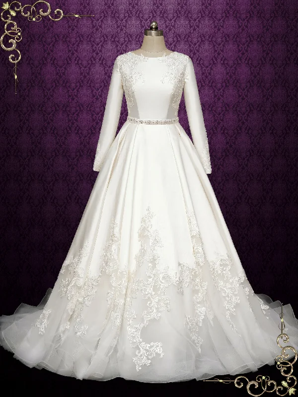 Garden - wedding - appropriate flowy wedding dressModest Satin Lace Ball Gown Wedding Dress with Long Sleeves SAHAR Garden - wedding - appropriate flowy wedding dressModest Satin Lace Ball Gown Wedding Dress with Long Sleeves SAHAR