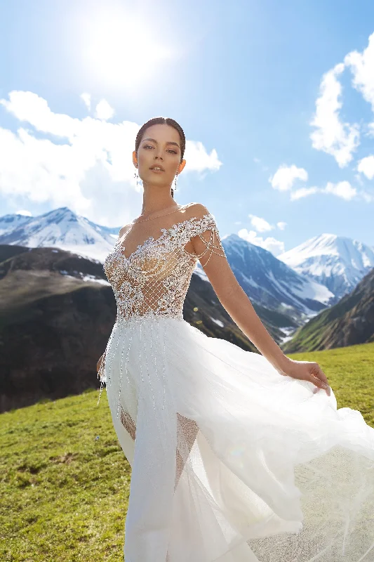 Polka - dot wedding dress for a fun touchOff-Shoulder A-Line Sexy Wedding Dress