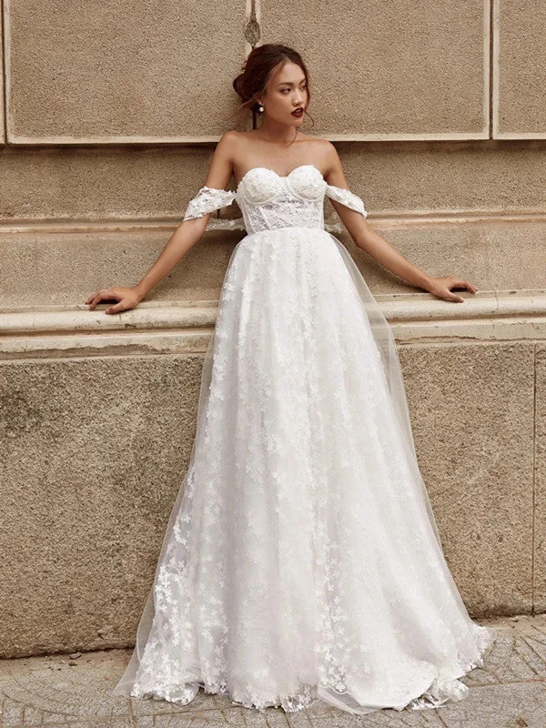 Plunging - neckline wedding dress for a bold lookOff Shoulder Lace Popular Wedding Dresses, A-line Tulle Bridal Gowns, Elegant Appliques Wedding Gowns