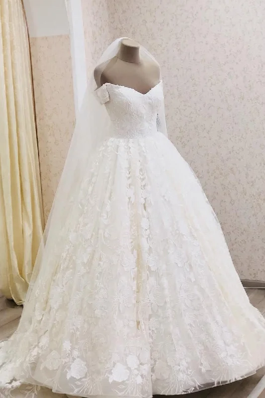 Natural - fabric - made wedding dressPrincess Long Lace Off Shoulder A-line Ivory Wedding Dress