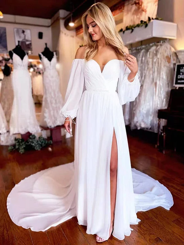 Natural - fabric - made wedding dressOff The Shoulder Long Sleeves Wedding Dresses, 2022 Simple Wedding Gowns, Newest Long Prom Dresses