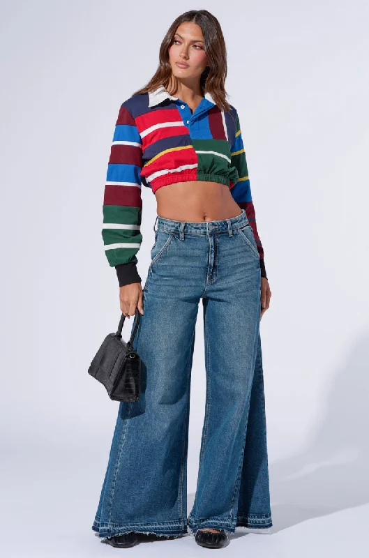 Plaid wide leg jeans for women in a preppy and trendy styleONE MORE WEEKEND FLARE DENIM PANT Plaid wide leg jeans for women in a preppy and trendy styleONE MORE WEEKEND FLARE DENIM PANT
