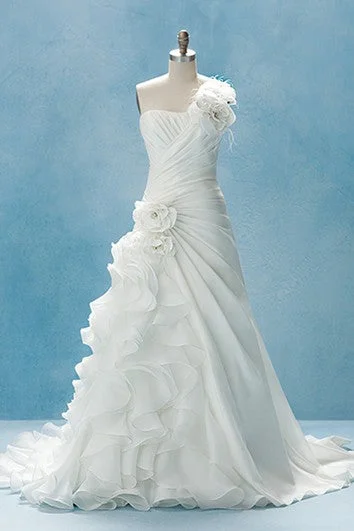 Feather - trimmed wedding dress for a romantic touchOne-Shoulder A-Line Dress With Flower And Ruffles