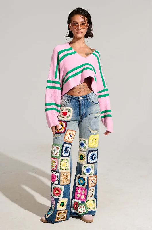 Wide leg cotton pants for women in summer comfortPEACE & LOVE CROCHET EMBROIDERED MID RISE DENIM
