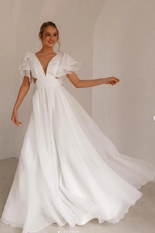 Garden - wedding - appropriate flowy wedding dressPlunging Beach Wedding Dress with Flounce Sleeves