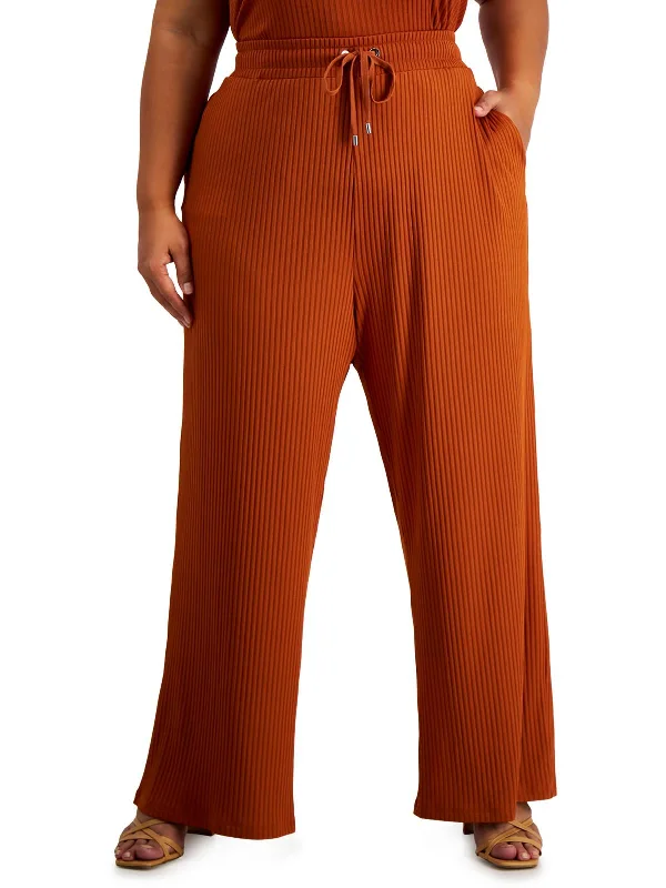 Elastic waist wide leg pants for plus size women in a comfortable and flattering stylePlus Womens Ribbed Comfy Wide Leg Pants