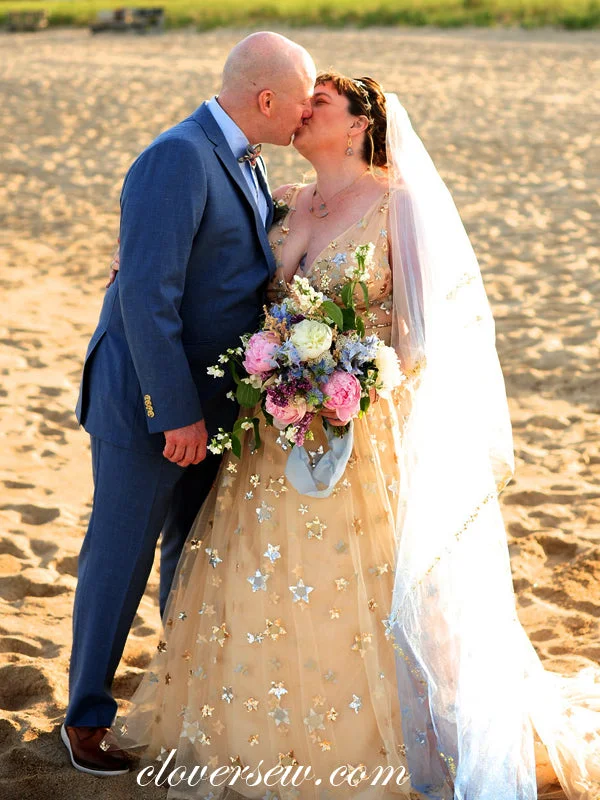 Short - and - sweet tea - length wedding dressPopular Star Sequined Tulle V-neck Fashion Occasion Dresses, CW0285
