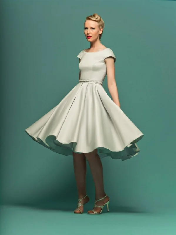 S - curve - flattering mermaid wedding dressRetro Knee Length Modest Satin Wedding Dress with Short Sleeves