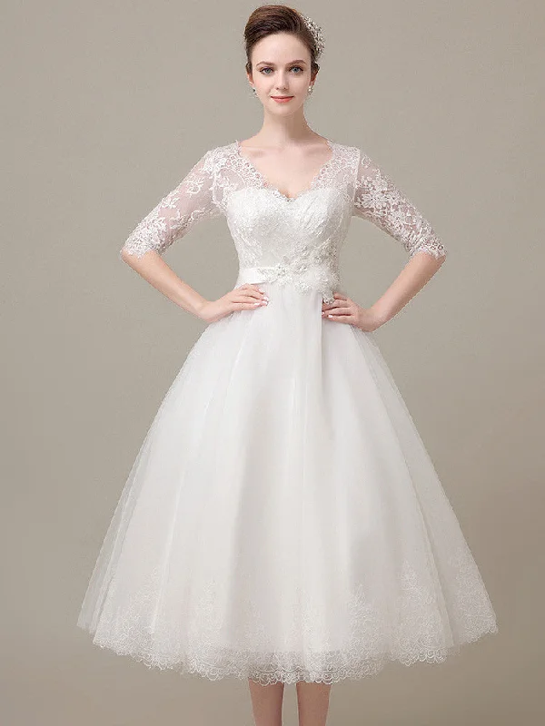 Antique - inspired lace wedding dress with long sleevesRetro Tea Length Lace Wedding Dress with Long Sleeves Antique - inspired lace wedding dress with long sleevesRetro Tea Length Lace Wedding Dress with Long Sleeves