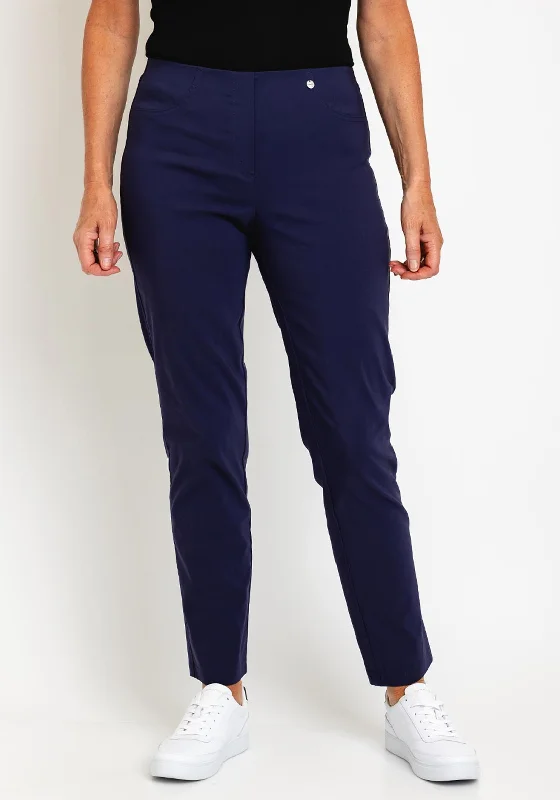 Floral embroidered pants for women in a delicate designRobell Bella Full Length Slim Fit Trousers, Navy Blue