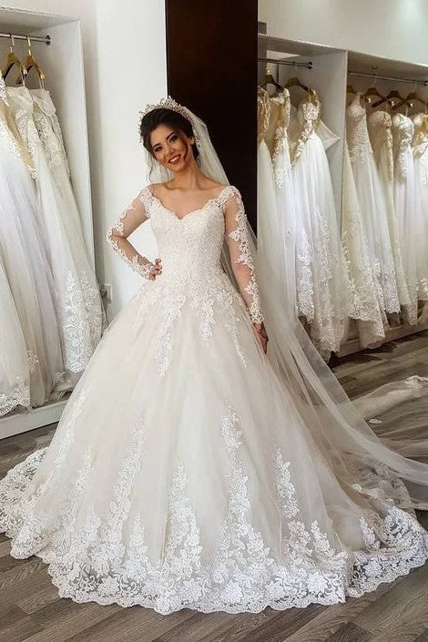 Navy - blue wedding dress for a sophisticated lookRomantic Lace Wedding Gown Dress with Sheer Long Sleeves