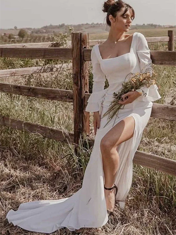 Military - inspired wedding dressRound Neck Fashion Outdoor Wedding Dresses, Long Sleeves Bridal Gowns, Newest Wedding Gowns