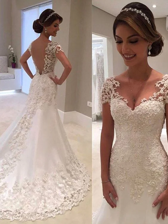 Custom - made plus size wedding dressSexy Mermaid Prom Dresses Mermaid Short Sleeves Sweetheart Sweep/Brush Train Lace Wedding Dresses             cg23640