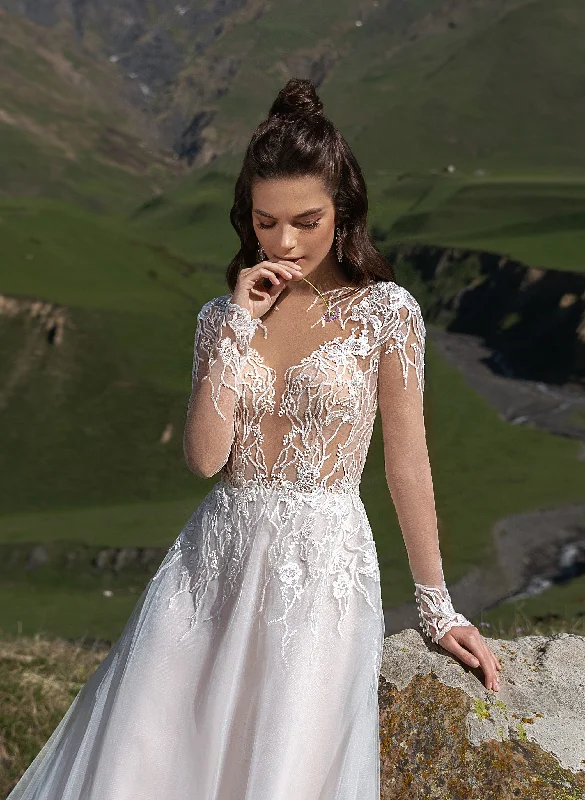 Satin - and - lace combination wedding dressSheer Long Sleeve A-Line Wedding Dress