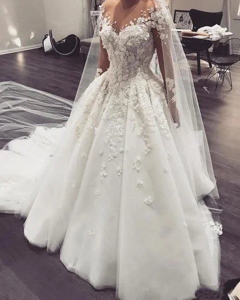 Handmade lace wedding dress for a unique feelSheer Neck Wedding Dresses Bridal Gown with Flowers prom Dress    cg21843