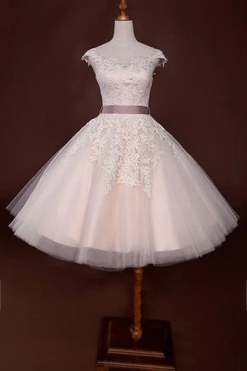 Smart - casual wedding dress for a laid - back ceremonyShort Cap Sleeve Zipper Back Tulle Dress with Lace Appliques Smart - casual wedding dress for a laid - back ceremonyShort Cap Sleeve Zipper Back Tulle Dress with Lace Appliques