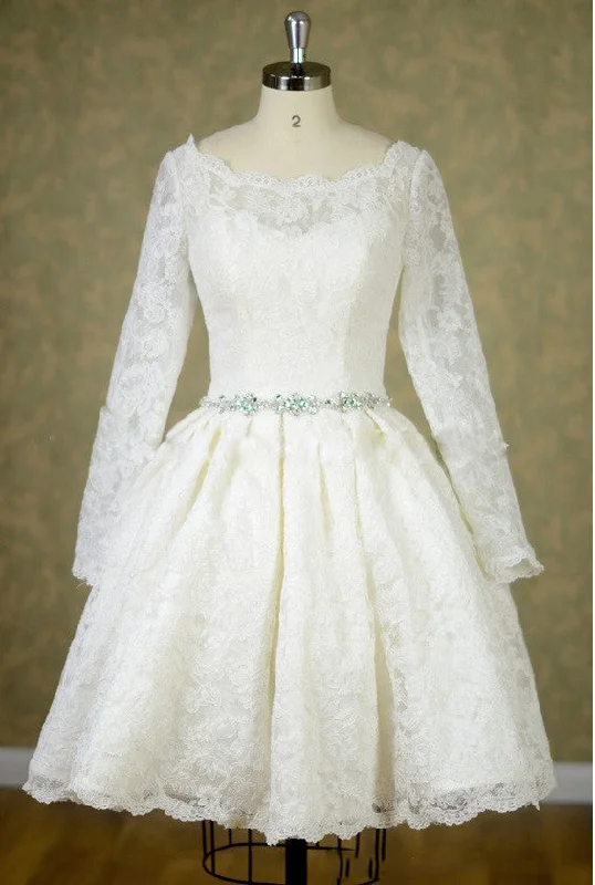 Metallic - thread - detailed wedding dressShort Knee Length Lace Long Sleeves Wedding Dress with Jeweled Belt Metallic - thread - detailed wedding dressShort Knee Length Lace Long Sleeves Wedding Dress with Jeweled Belt