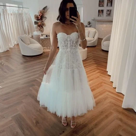 Custom - made plus size wedding dressshort wedding dresses 2021 lace applique sweetheart neck tea length simple cheap Prom Dress   cg16629