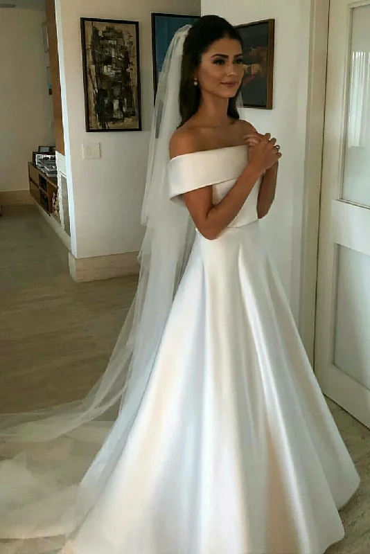 Modest - style wedding dress for a conservative brideSimple Satin Bridal Dress with Fold Off-the-shoulder